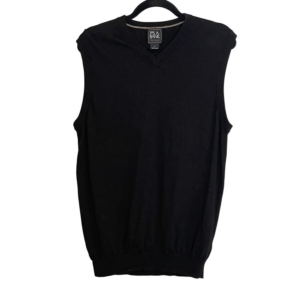 Jos A Bank Traveler Mens Black 100% Merino Wool V Neck Sleeveless Sweater Vest L